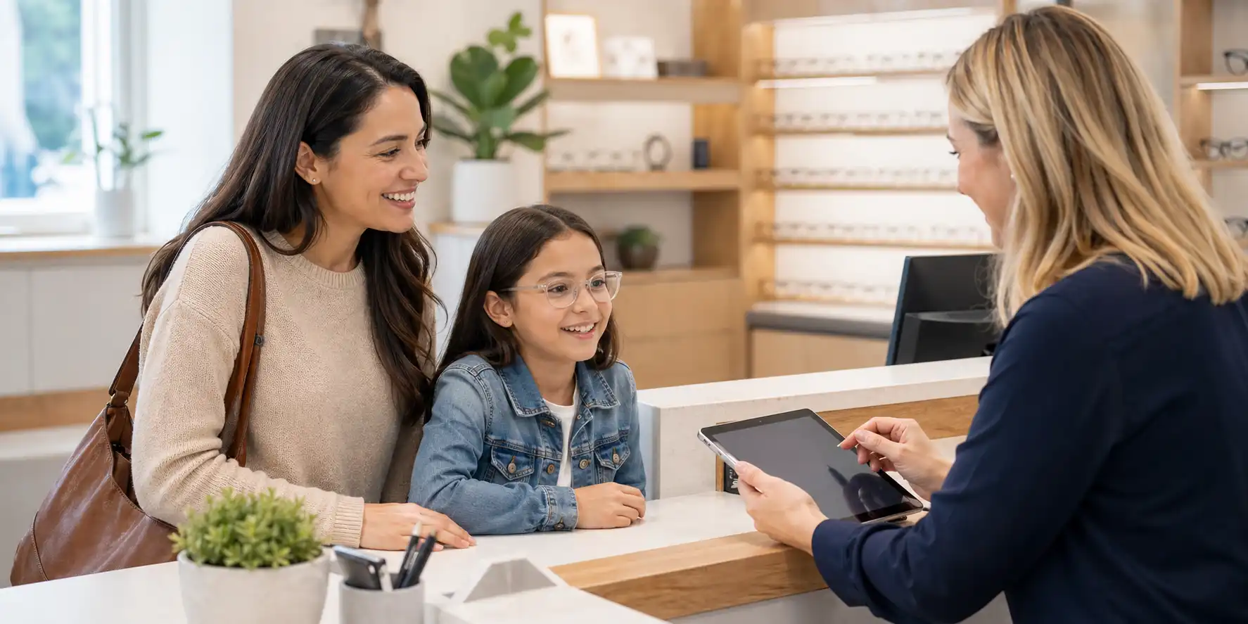 Family checking in for an eye exam at Lakeview Eye Care