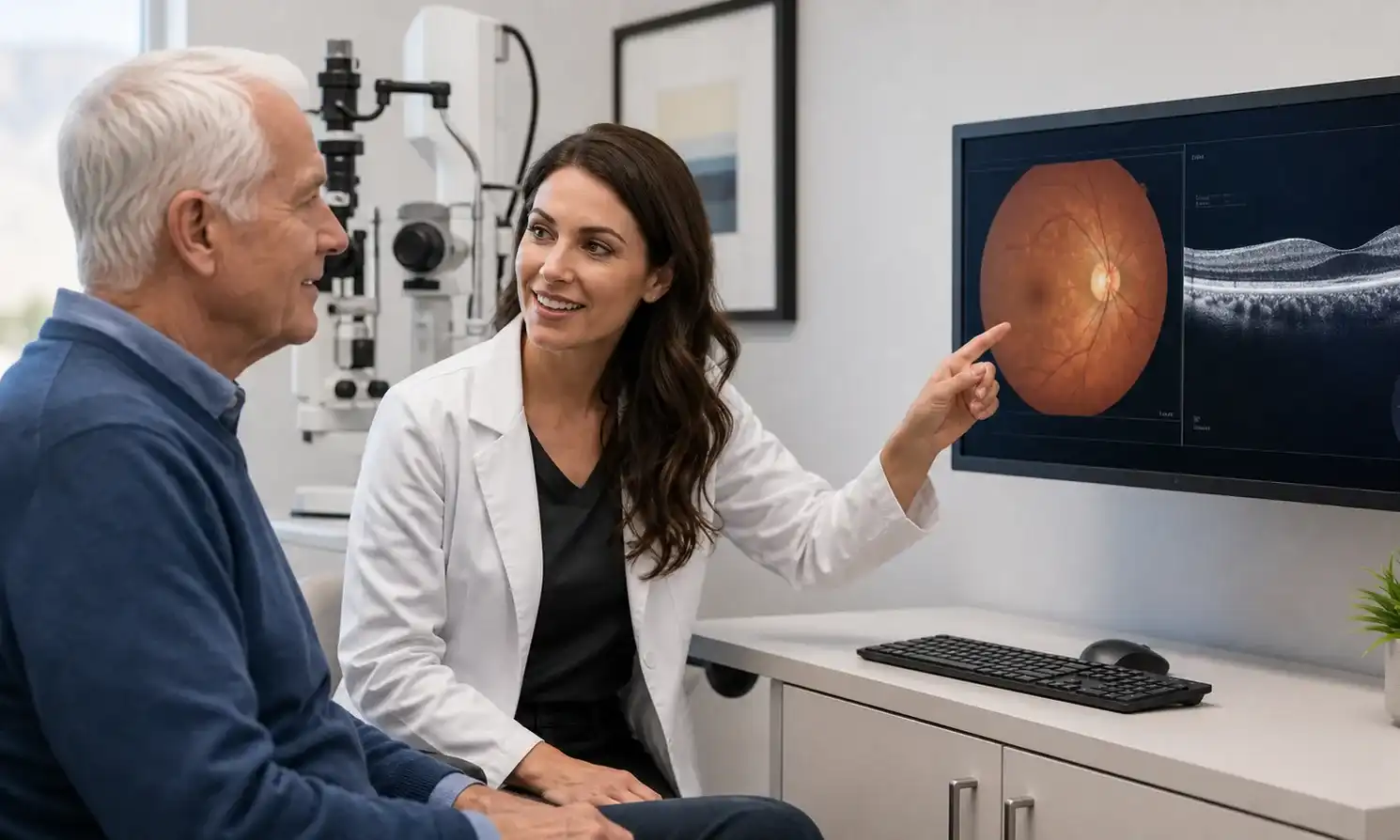 Optometrist reviewing retinal scans with a patient during glaucoma monitoring in Syracuse, Utah
